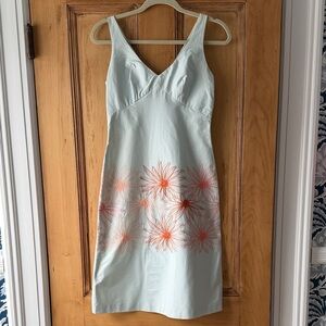 Vintage Tocca Light Blue Midi Dress with Coral Daisy Border 1999